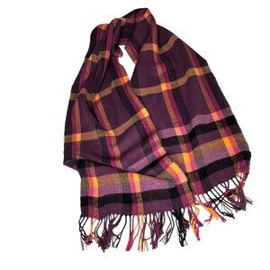Plaid Purple 100% Cashmere Scarf W/ Fringe Trim Hand Tailored Germany Soft & War